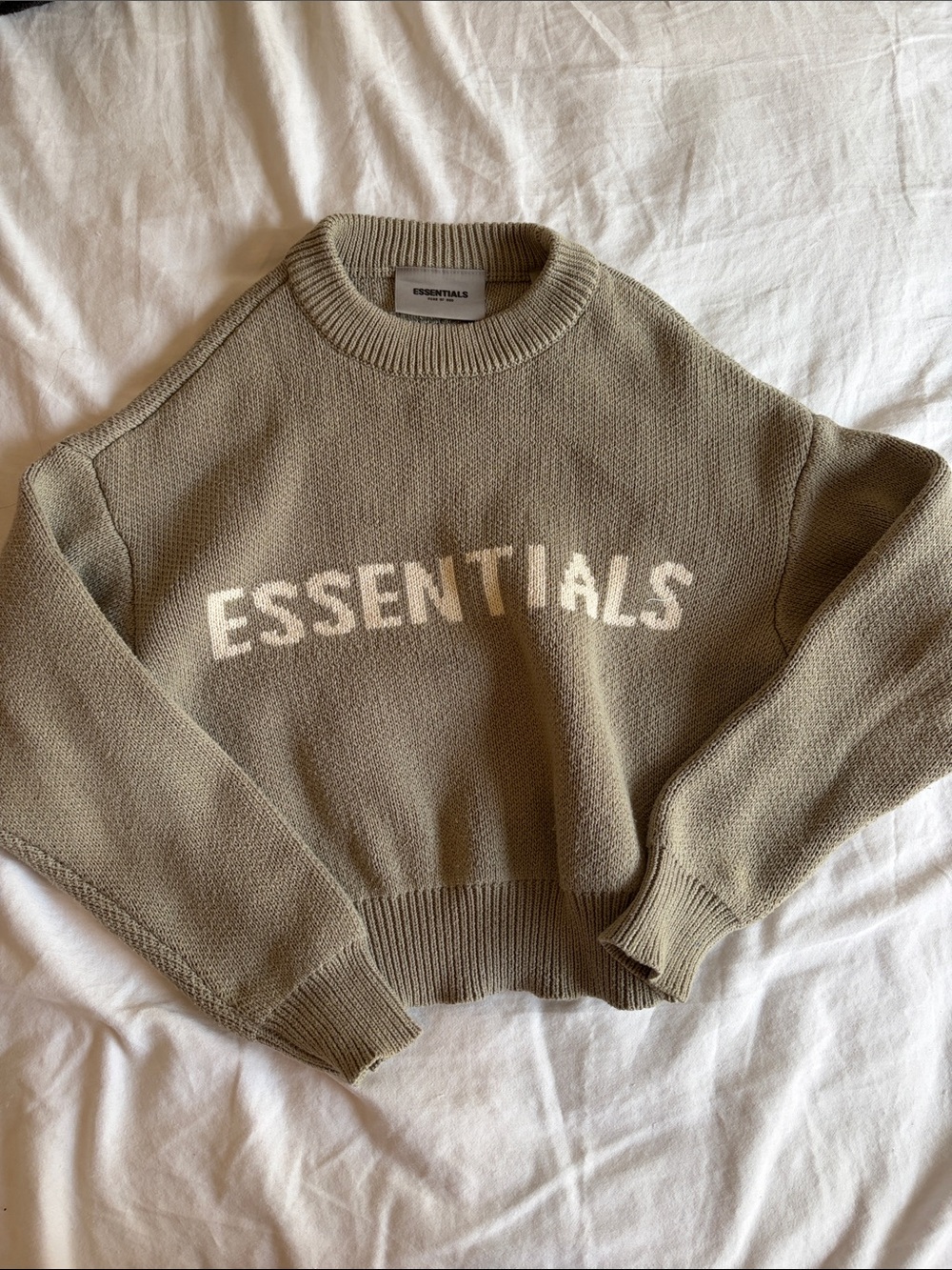 Essentials Kid's Crewneck Sweater in Olive Beige with White Logo